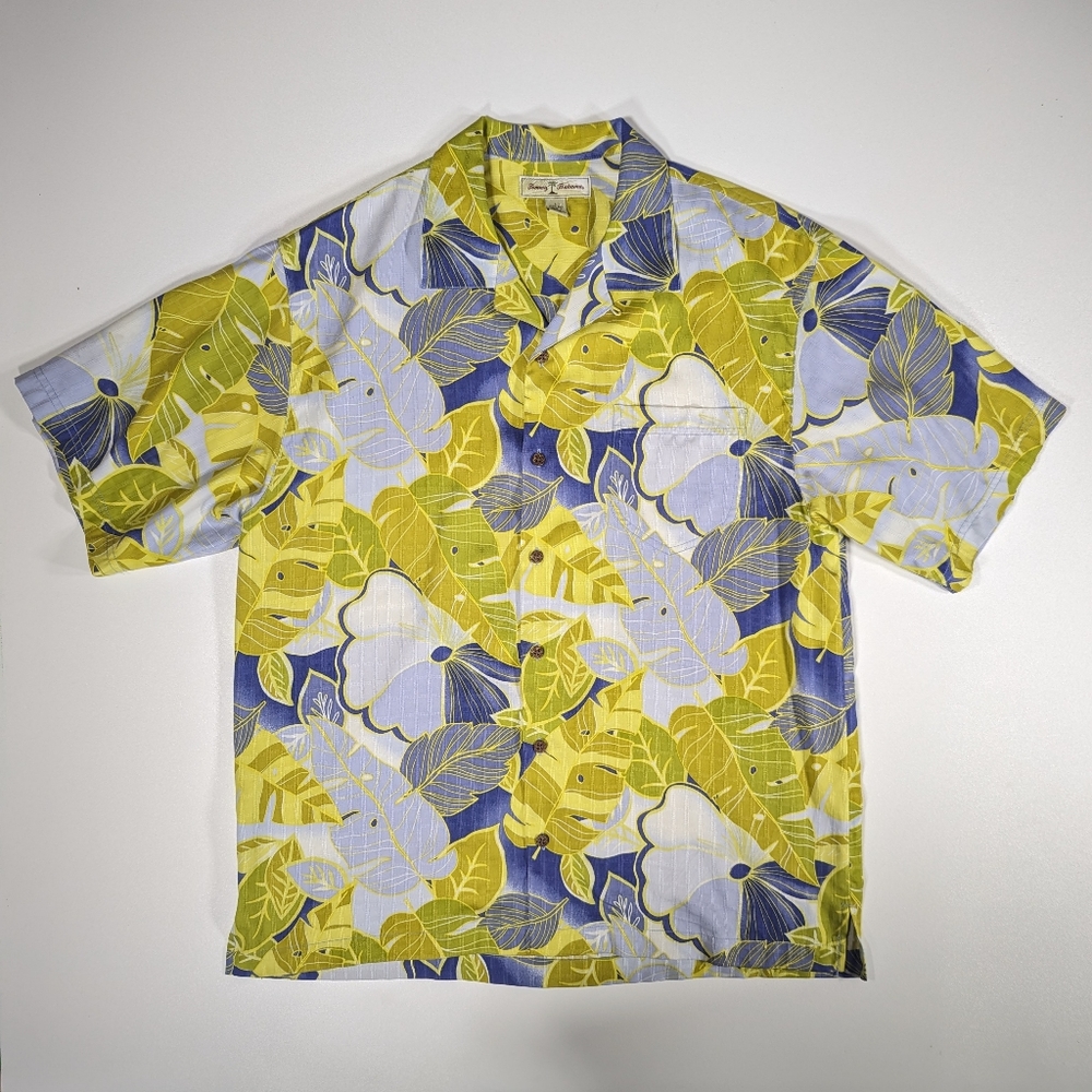 Tommy Bahama Mens Silk Hawaiian Shirt Vtg Size Large Palm Fronds Leaves